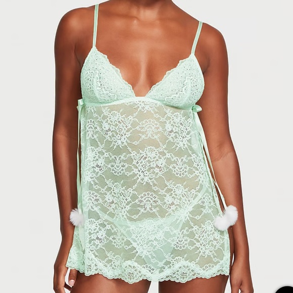 Victoria’s Secret Flyaway Lace Babydoll Set Mint GreenMedium